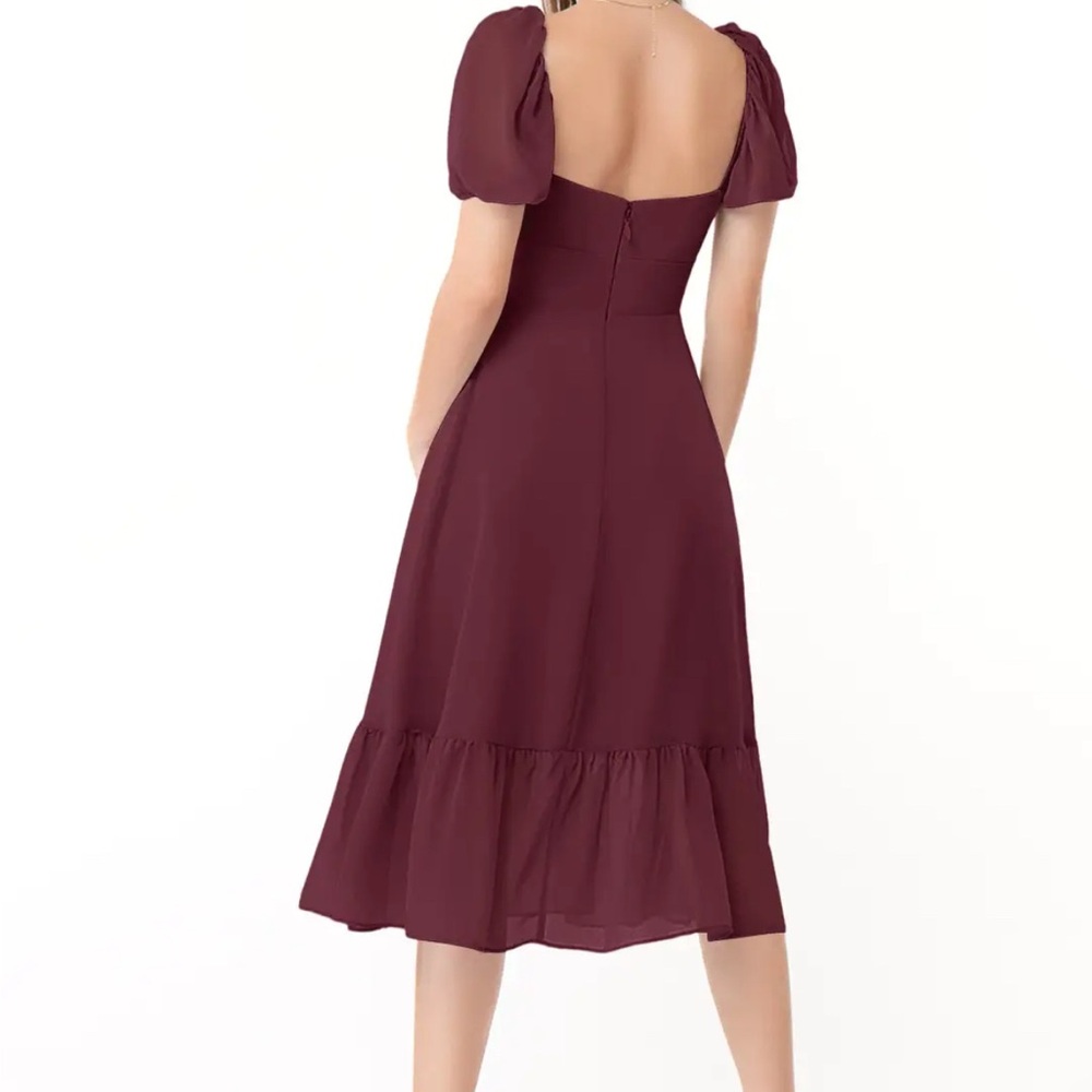Azazie Baby Cabernet Midi Bridesmaid Dress Puff Sleeves Sweetheart Neck Size 6 - Picture 2 of 11
